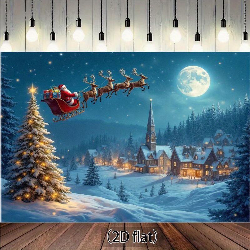 1pc Festival Santa Claus Sled Canvas Mural - Winter Miracle Scene with Snow Village and Full Moon Christmas Home Decoration