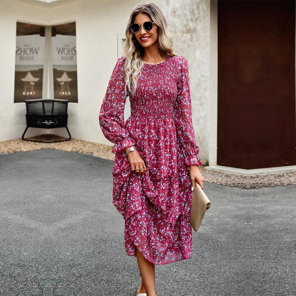 Dámské podzimní elegantní dlouhé potištěné šaty s lucernou s rukávem a vysokým pasem