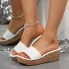 Foreign trade leather surface one word thick bottom slope heel slippers women summer wear muffin bottom beach cool slippers