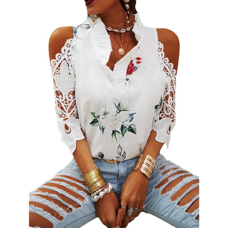 GMXIA Summer Women's Top Floral Print Off-the-shoulder Lace Patchwork Long-sleeved T-shirt for Women