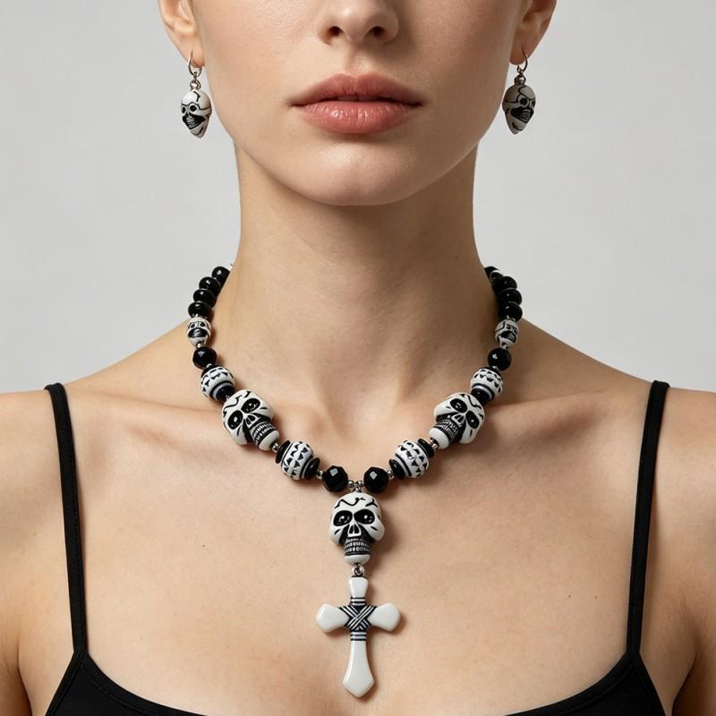 Gothic Skull Cross Necklace Earring Set Punk Vintage Party Jewelry Men Women Teens