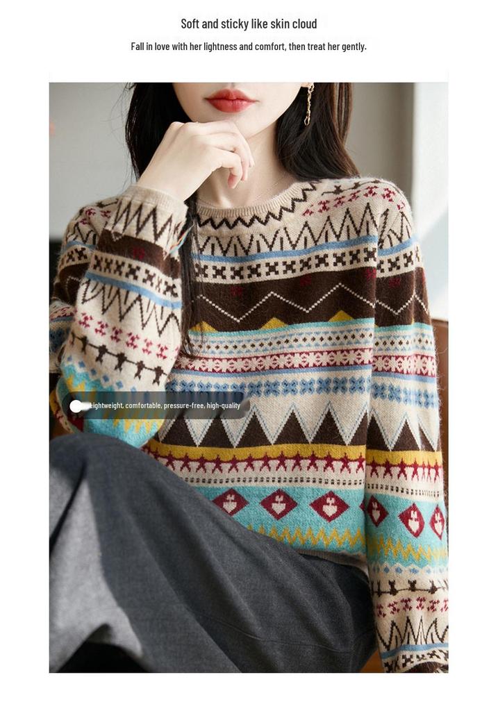 Versatile Ethnic Style Color Block Knit Cardigan Sweater for Women - Round Neck, Retro, Multi-Season