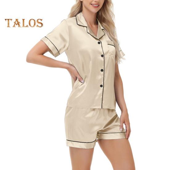 2-teiliges Pyjama-Set, Satin, einreihiges Cardigan-Hemd, V-Ausschnitt, Reverskragen, einfarbiges Hemd mit Brusttasche, lockere Shorts, Nachthemd, Nachtwäsche