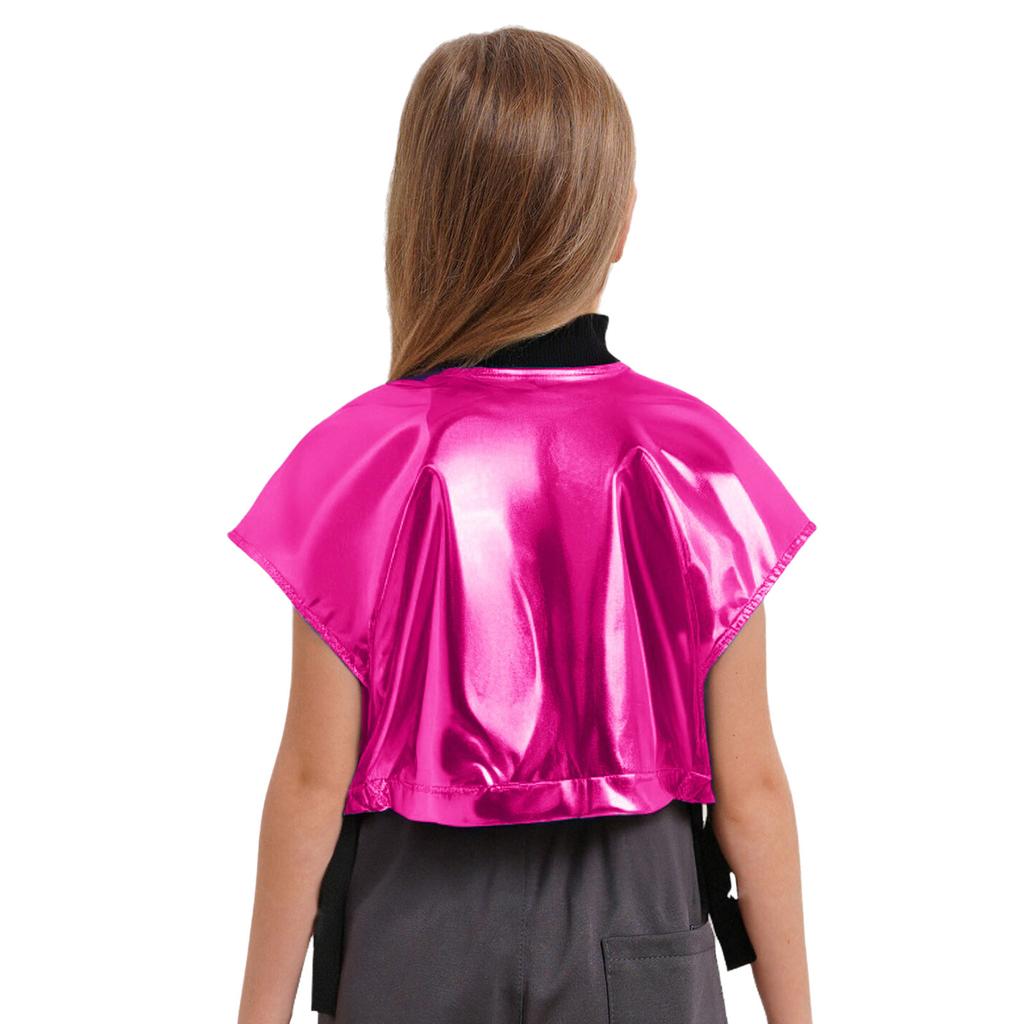 Girls Shiny Metallic Vest Sides Open Sleeveless Zipper Jacket Buckle Pockets Jazz Dance Costume