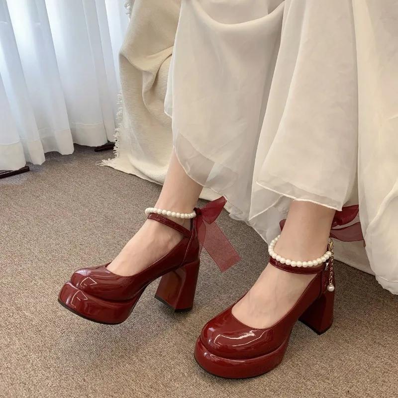 Fashion Mary Jane Shoes Women's Spring New Ultra-high Heel Pearl Chain with Platform Block Heel Wedding Shoes Lolita Shoes