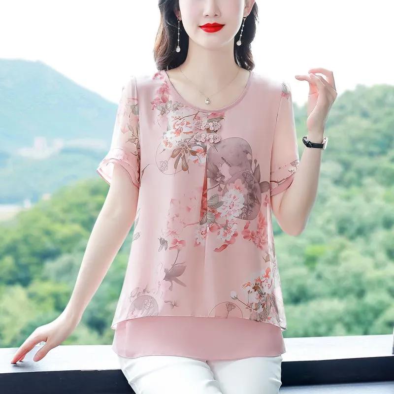 Women Summer Floral Print Chiffon Blouse For Middle Aged M розовый