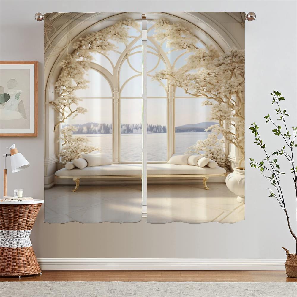 European Arch With Sea View Kitchen Curtain Tiebacks Elegant Room Curtains 2 Pcs Set Tulle for Living Room Decoration Blinds
