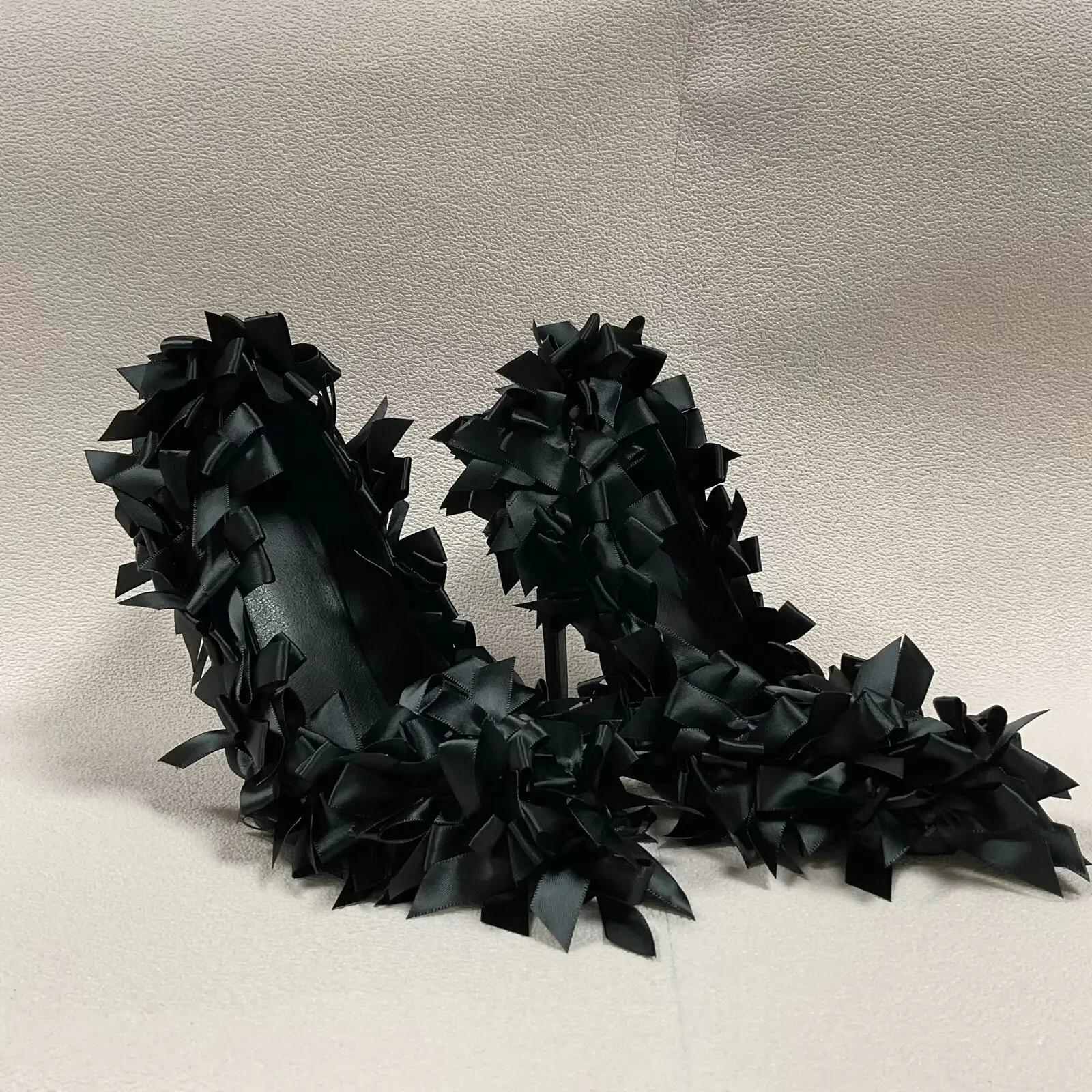 

Black Satin Butterfly-Knot Women Pumps 2025 Summer New Shallow High Heels Pointed Toe Stiletto Heel Casual Sandals 43