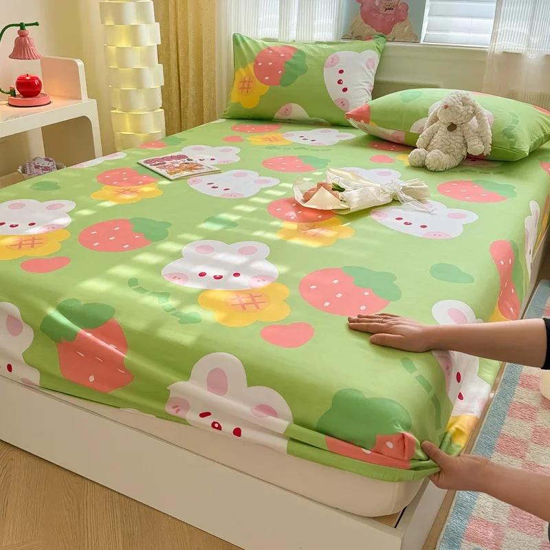 1 Pc 100%Cotton Bed Sheet Cartoon Fish Printed Fitted Sheet with Elastic Band Single/Queen/King Pure Cotton Bed Botton Sheets