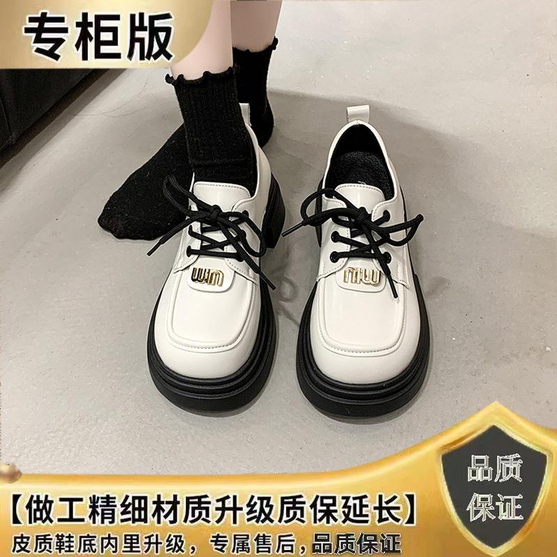 Lace-up muffin platform loafers women's new spring high-heeled lock black small leather shoes are comfortable and versatile