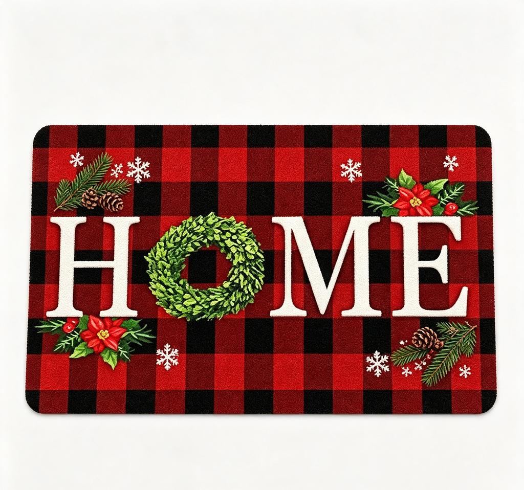 Home Plaid Christmas Rug Red Black Checkered Pattern Wreath Pinecone Snowflake Non Slip Soft Carpet For Winter Entryway Decor