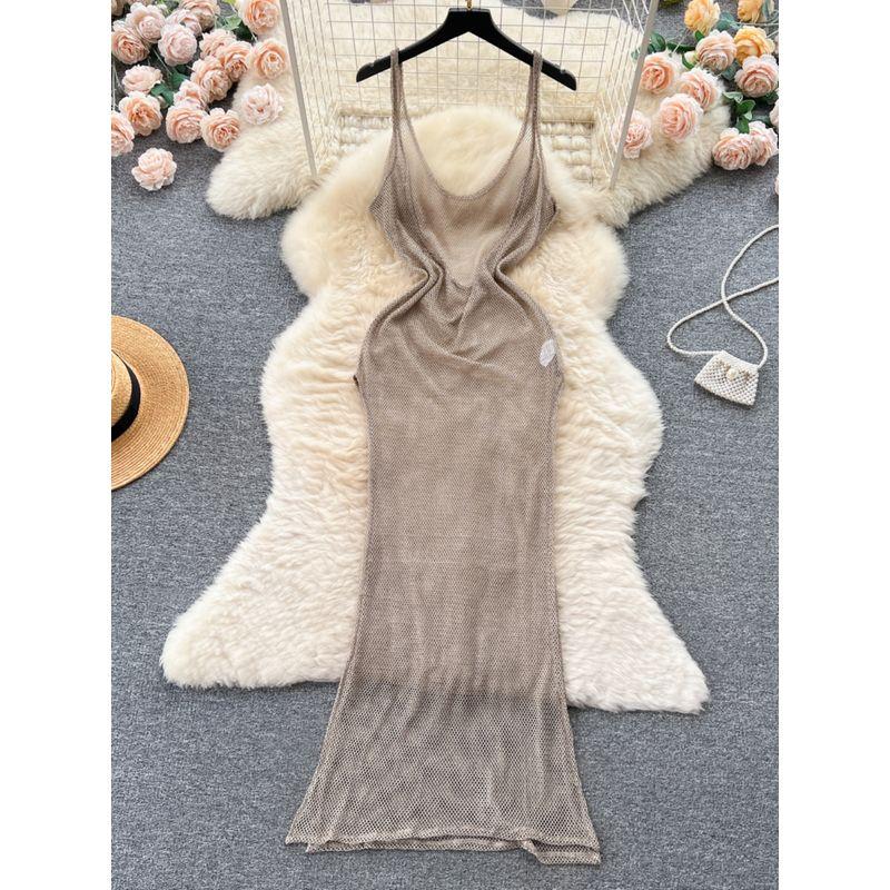 Sexy Stage Nightclub Style See-through Mesh Strap Dress Women's Slim-Fit Slimming outside Wear Split Backless Sexy Dress