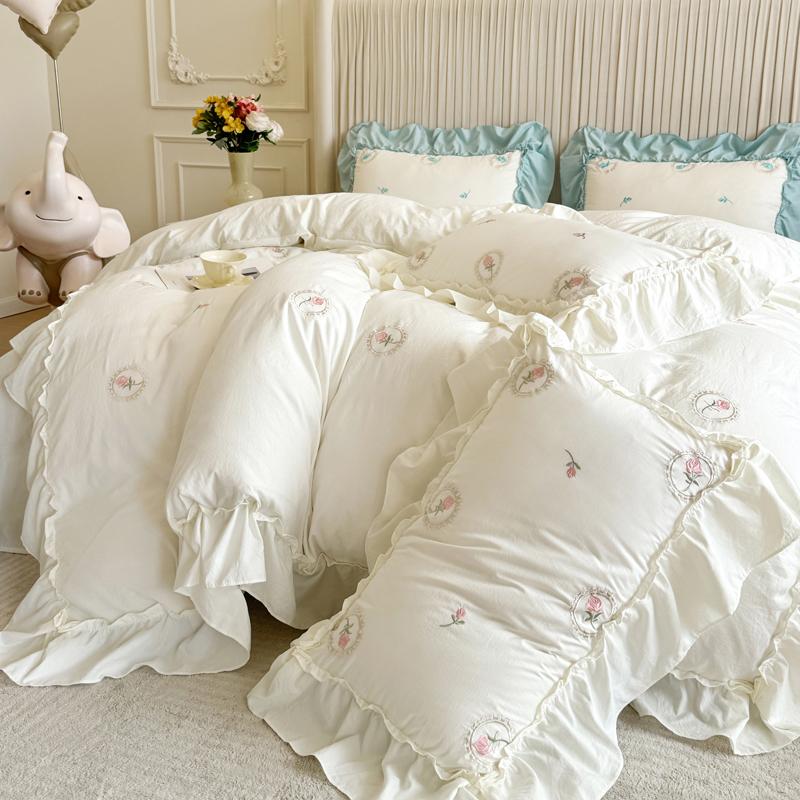Elegant Rose Embroidery Lace Ruffles Bedding Set Skin-friendly Washed Cotton Princess Wedding Duvet Cover Bed Sheet Pillowcases