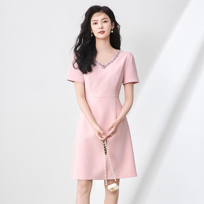 

Heavy Industry V-neck Rhinestone Short Sleeve Dress - French South Oil High Quality Women s Summer Collection S розовый