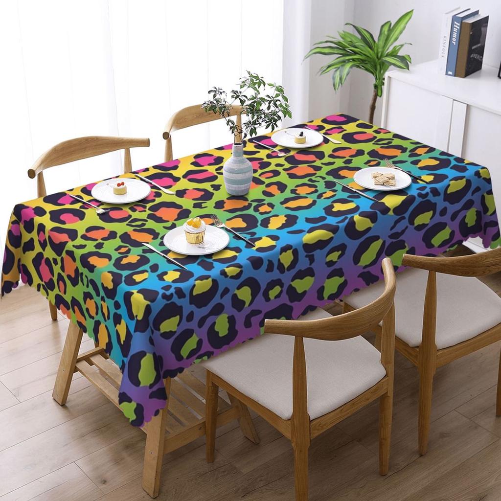 Bright Rainbow Ombre Gradient Leopard Rectangular Tablecloth Waterproof Table Cover for Festival Party Decorations Table Cloth