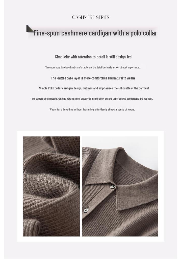Slim Fit Polo Neck Cashmere Cardigan - Thin Wool Knit for Autumn/Winter