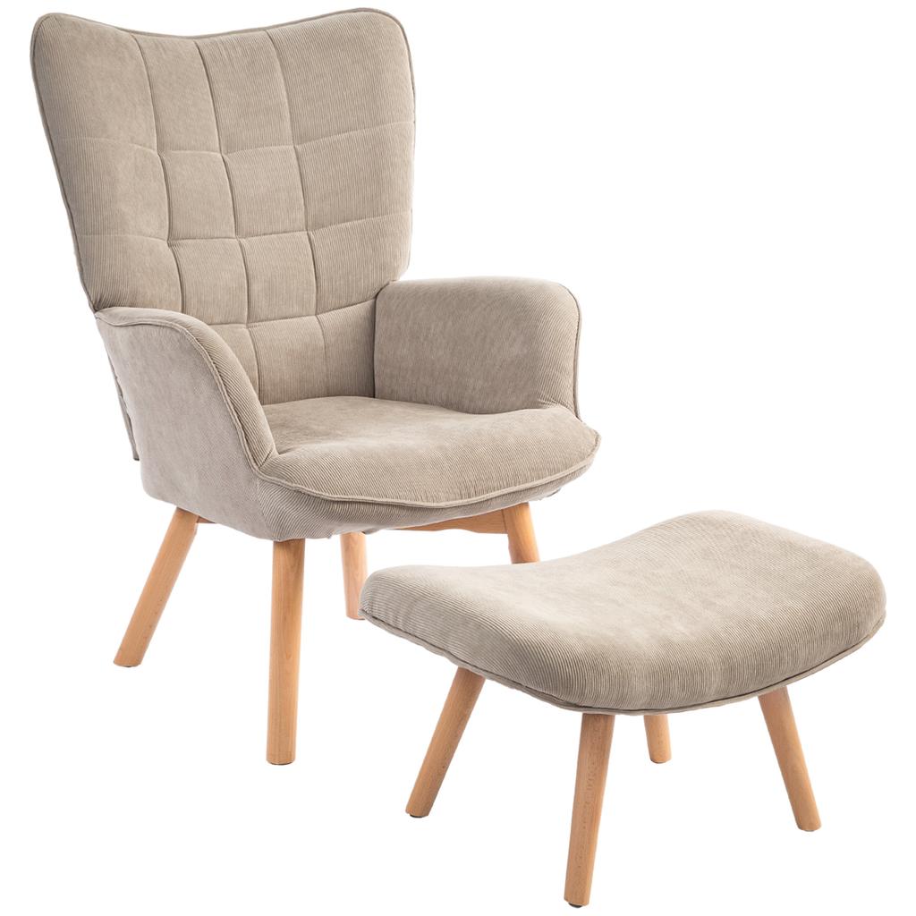 Accent Chair with Stool, Recliner In Corduroy Look, Armchair with Wooden Legs, for Living Room, Light Brown
