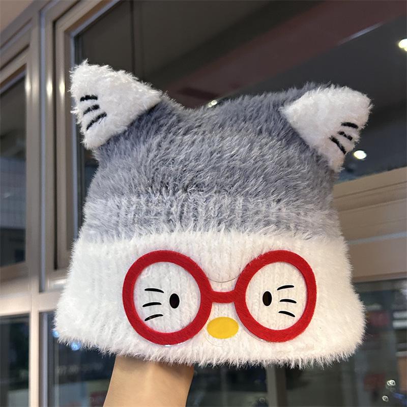 Autumn and Winter New Cartoon Glasses Ears Knitted Hat Women's Big Head Circumference Small Wool Hat