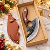 Hand Forged Curved Kitchen Knife, Hammer Pattern High Carbon Steel Blade, Ergonomic Wooden Handle, Matching Leather Sheath Included