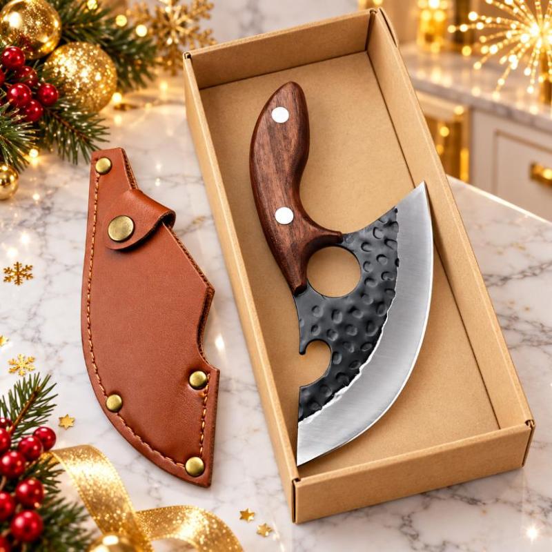 Hand Forged Curved Kitchen Knife, Hammer Pattern High Carbon Steel Blade, Ergonomic Wooden Handle, Matching Leather Sheath Included