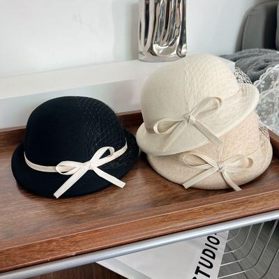 1pc Wool Beret Silk and Linen Bow Small Brim Mesh Top Hat Versatile Socialite Painter Hat