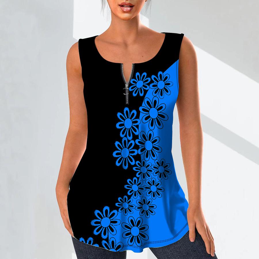 Women's Fashion V Neck Shirts Casual Tops T-shirt Ladies 3D Graffiti Flowers Print Vest Plus Size Sleeveless Blouse Tank Tops