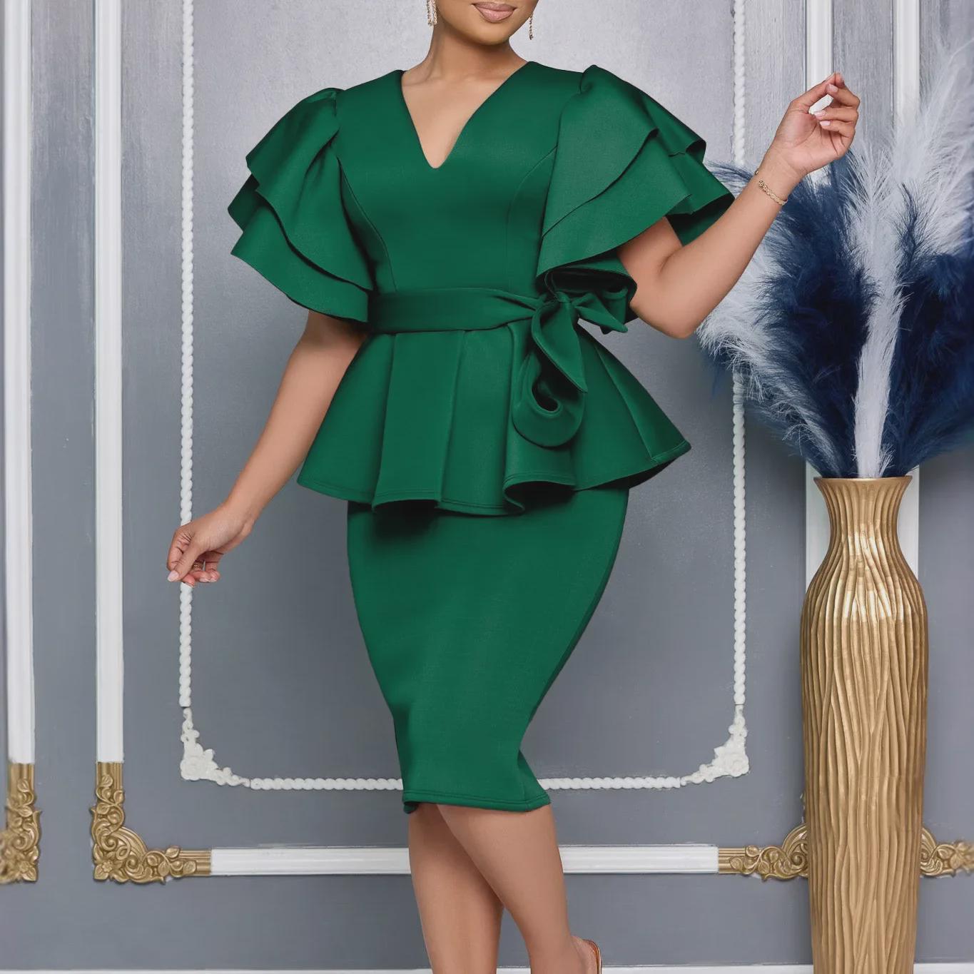 

Elegant Ruffle Solid Color Party Dress - African Style L зелений