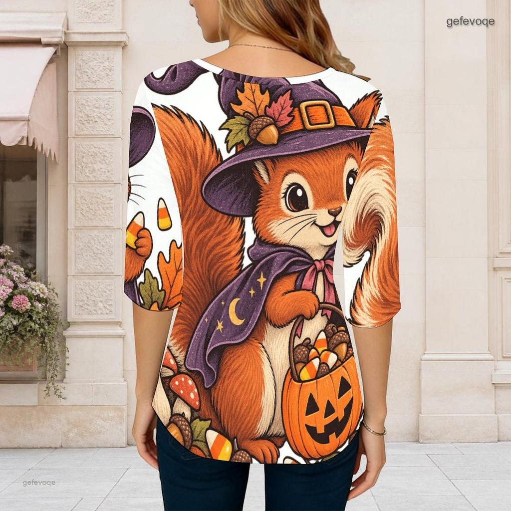 Women Plus Size Round Neck 3 4 Sleeve Printed T Shirt Black Cartoon Stationery Curved Hem