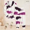 Women Plus Size Blue Printed Two Piece Pants Set Hooded Long Sleeve Top Cuffed Pants