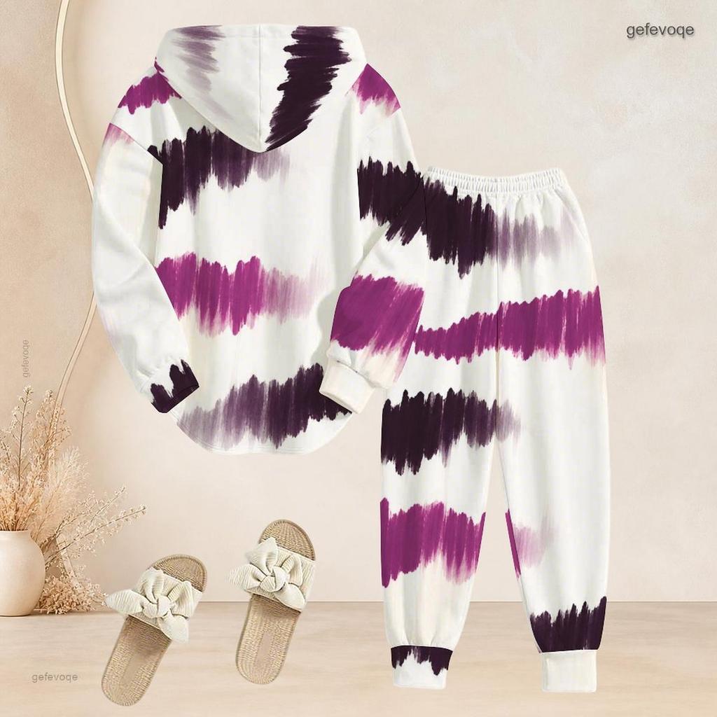 Women Plus Size Blue Printed Two Piece Pants Set Hooded Long Sleeve Top Cuffed Pants