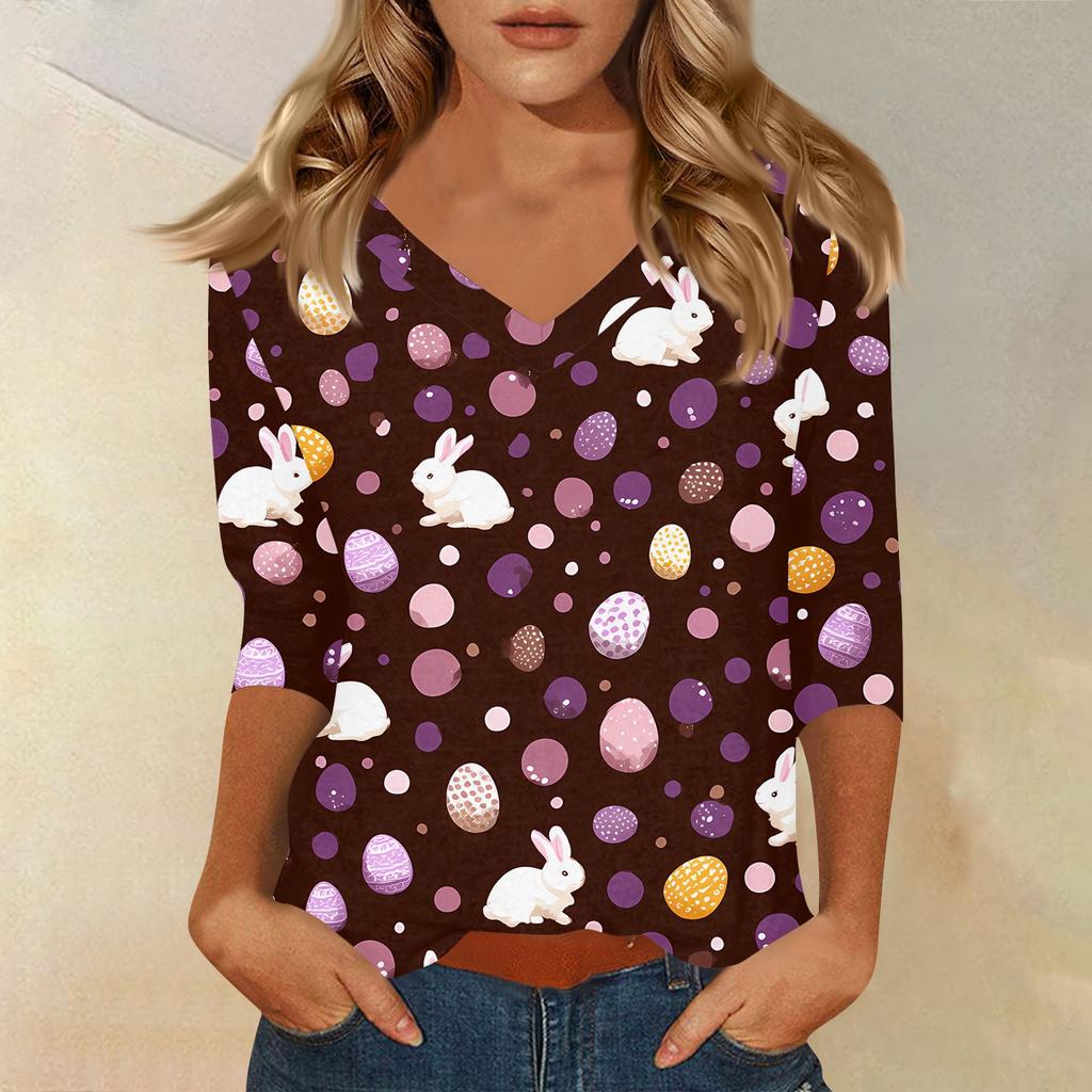 Sieviešu T krekls ar apdruku ar 3/4 piedurknēm ikdienas nedēļas nogales modes pamata V veida kakla izgriezuma parastais tops