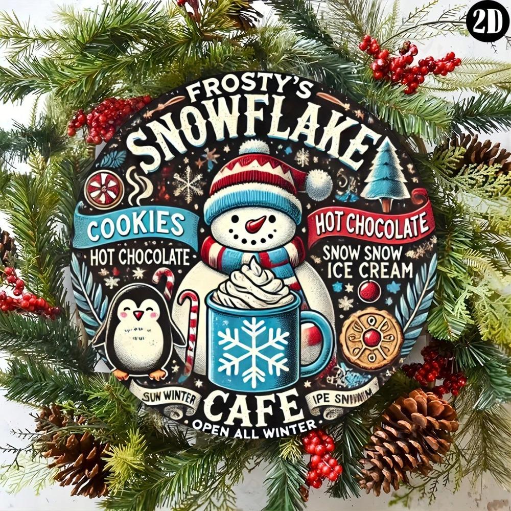 Frosty Snowflake Cafe Metal Wall Sign 8x8 Inch Round Aluminum Art for Home Office Bar Shop