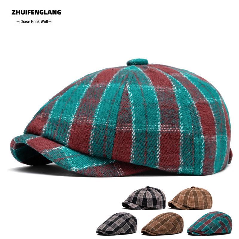 Men's Warm Fleece-Lined Striped Duckbill Beret - British Style Autumn/Winter Newsboy Cap