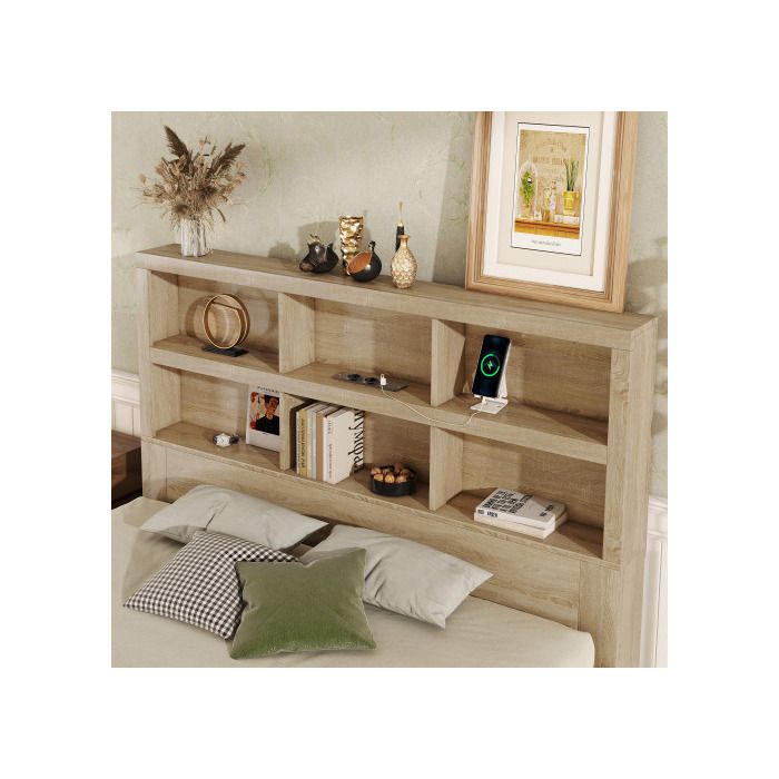Lit double - MUVOE - 160x200 cm - Tête de lit avec rangement - 6 étagères - 2 tiroirs
