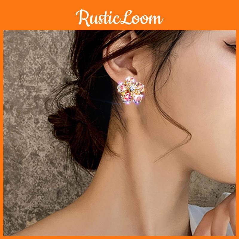 Flower Shaped Zircon Ear Studs With Silver Needle For Gift And Party Wear
