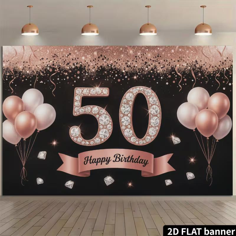 2D Black Rose Gold 50th Birthday Backdrop - Luxury Diamond Number 50 Banner for Women 50th Birthday Photoshoot