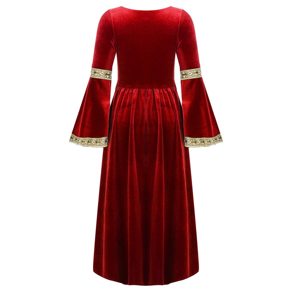 Girls Medieval Princess Velvet Dress Long Flare Sleeve Retro Patterned Band Dress Up Costume Royal Party Gown