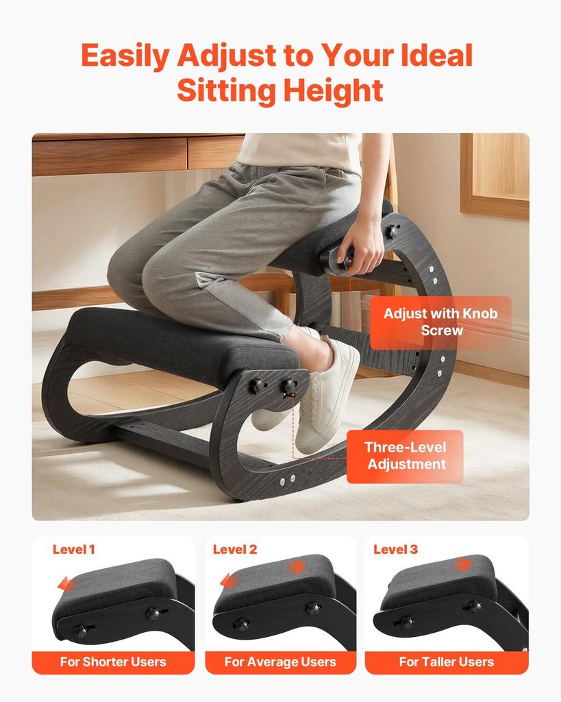 Ergonomic Kneeling Chair, Wooden Posture Knee Chair with Adjustable Thick Foam Cushions & Solid Wood Frame, Adjustable Height, Relief for Neck or Back