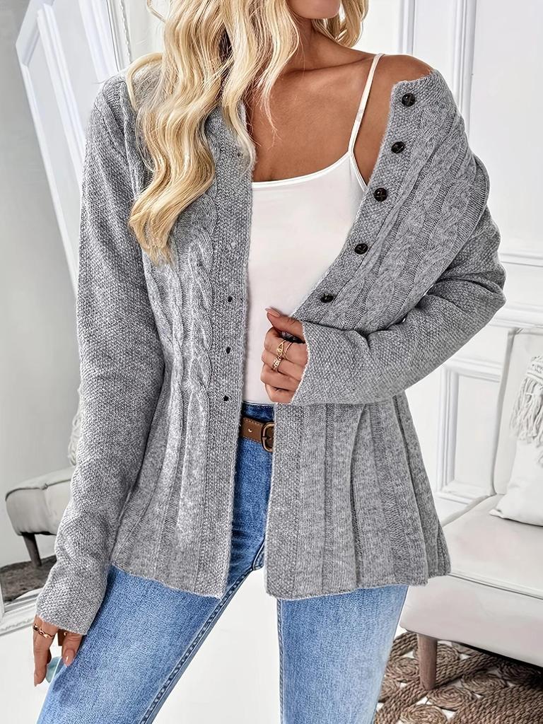 2026 European Style Women's Cable Knit Cardigan: Round Neck, Waist-Cinched, A-Line Hem, Single-Breasted Sweater Coat for Spring/Autumn
