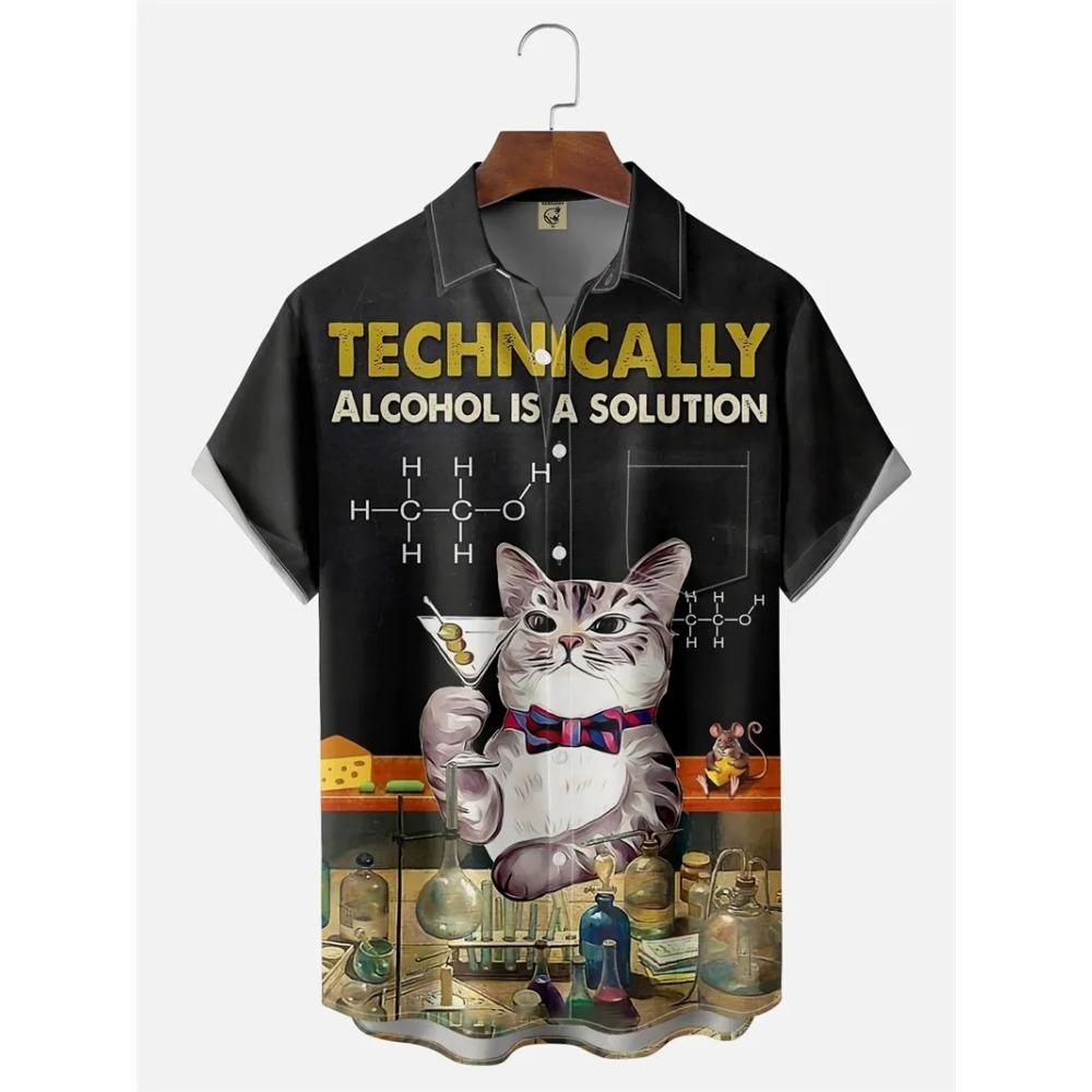 Men's Retro Short Sleeve Beach Shirt Summer Casual Ukiyoe Kitten Fishing Shark Print Hawaiian Shirts Men's Lapel Aloha Shirt