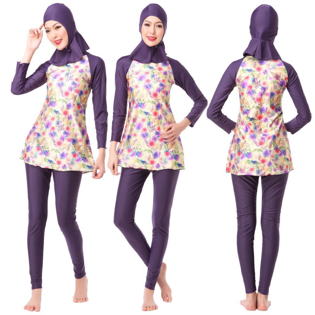 Frauen Muslimische Bademode Badeanzug Druck Badeanzug 3-teilig Mit Kappe Beachwear Frauen Bademode Langarm Hosen Sport Konservative