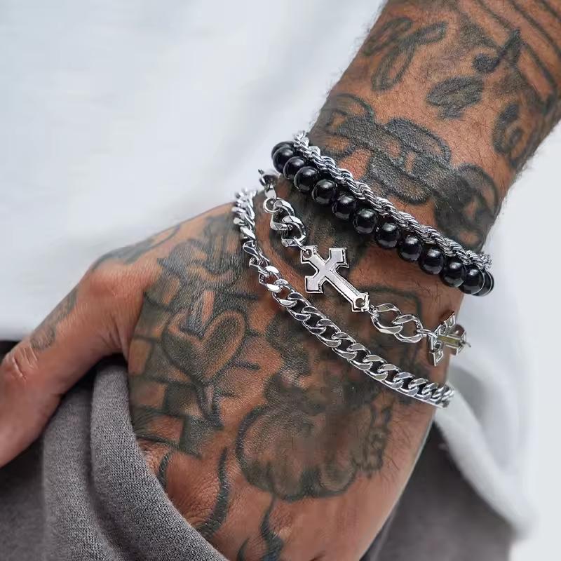 7pcs Stainless Steel Bracelet Set For Men Women Punk Fashion Cross Beads Chain Bracelets Simple Hip Hop Unisex Jewelry Gifts