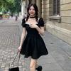 Early Autumn New French Backless Lace Bow Princess Little Black Dress Sweet Sister Square Neck Bubble Sleeve Dress