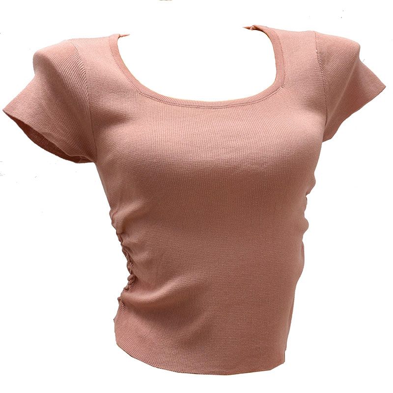 Knitted Simple Pleat Summer New Short sleeve knit Women Slim fit Slimming Square Collar Solid All-Match Base Top