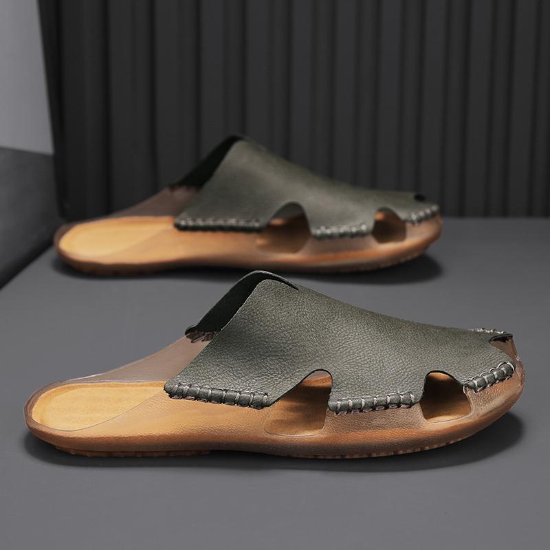 TUINANLE Hausschuhe Herren Lässig Einfach Leder Sandalen Sommer Hohe Qualität Bequem Rutschfest Mules Sandalen für Herren