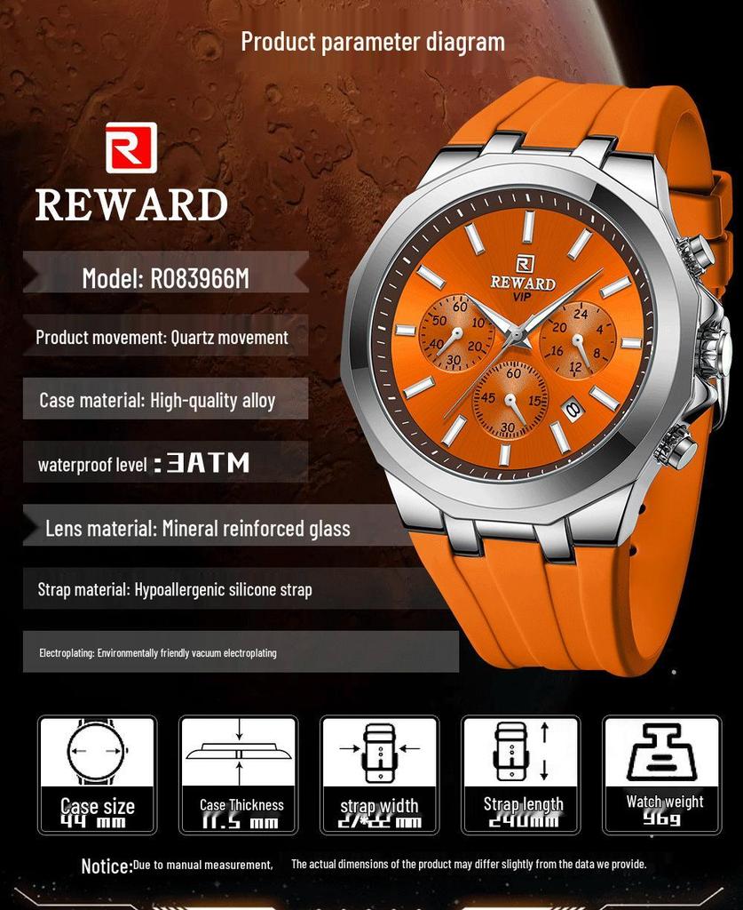 Men's Quartz Watch with Silicone Band, Multifunctional Design, Three Subdials, Six Hands, and Calendar.