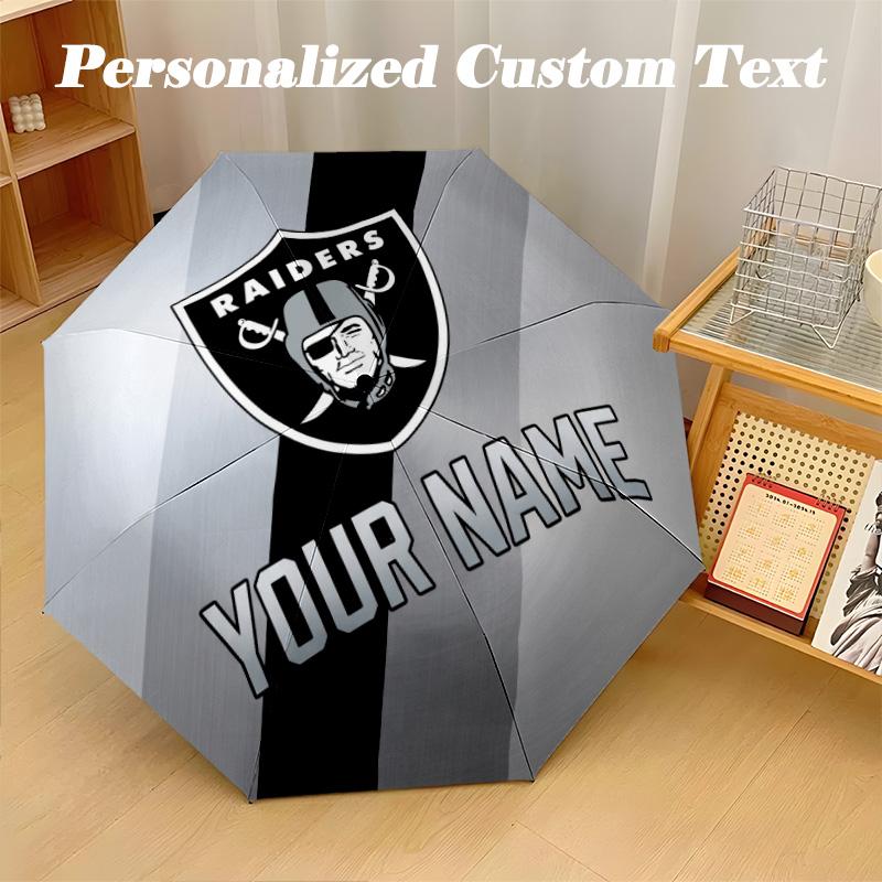 Las Vegas Raiders Automatic 8‑ribs Umbrella, Custom Name Text Personalized Folding Umbrella Rain Sun Gift