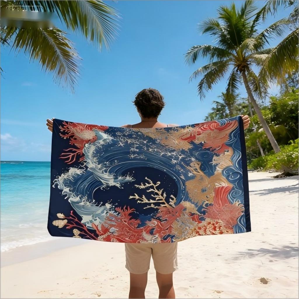 Japanese Wave Ocean Beach Towel Vintage Nautical Coral Print Microfiber Quick Dry Oversized Beach Blanket for Summer Pool