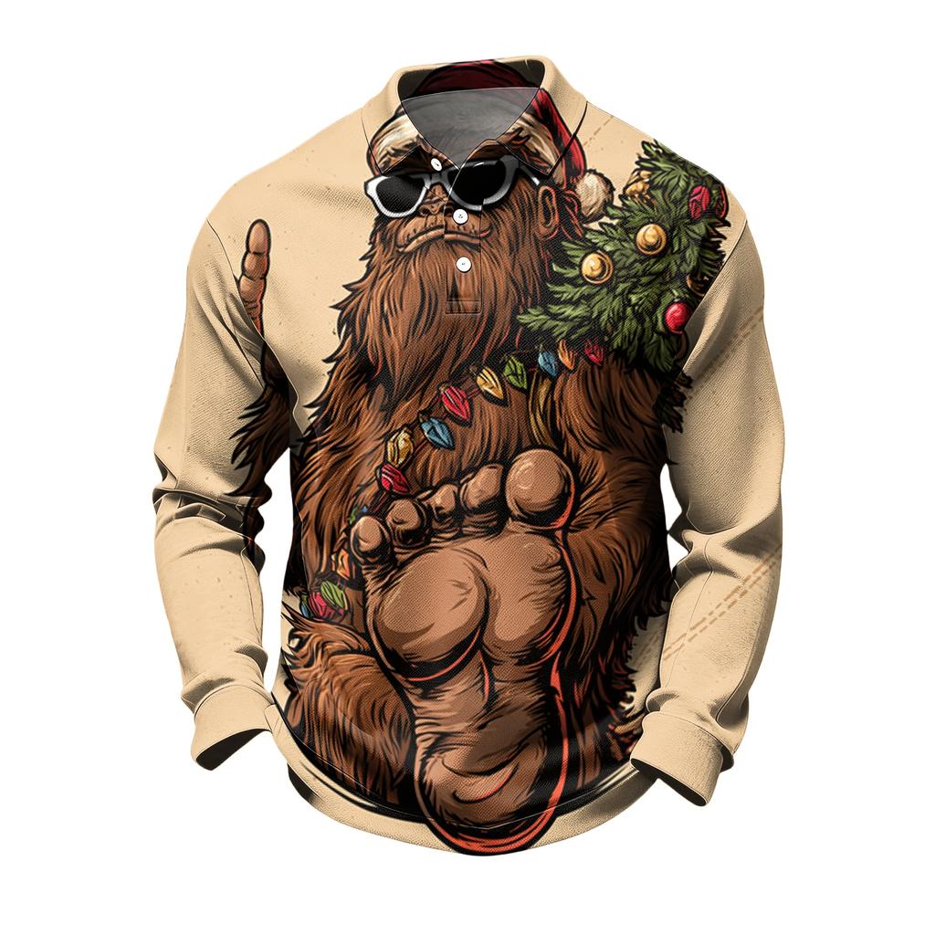Men's Casual Quick-Dry Mesh Golf Shirt Long Sleeve Top with Christmas Print