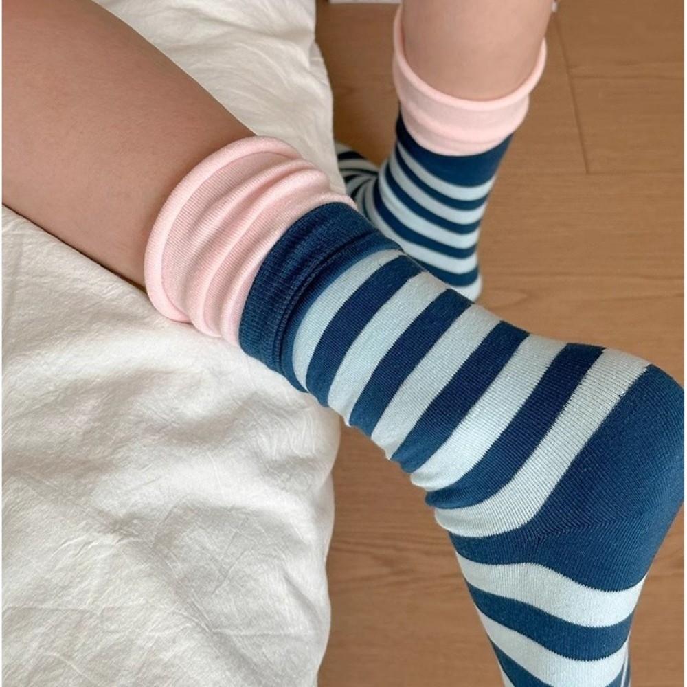Striped Sports Socks Rolled Edge Double-Layer Socks Kawaii Mid Tube Socks For Women
